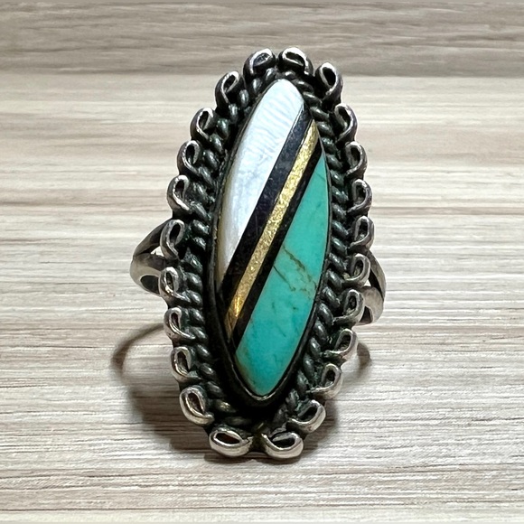 Navajo Lee Charley Sterling Silver & Gold Turquoise, MOP, Onyx Ring, Size 8 - Picture 2 of 9